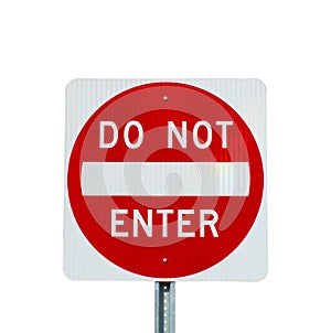 Do not enter sign on post isolated on white background, bright red circular round design shape symbol indicates wrong way and off