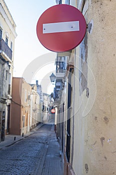 Do not enter traffic signs perspective at old town streets