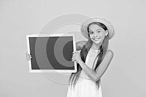 Do not forget shop this items for vacation. Girl hold chalkboard copy space. Useful information. Summer clubs for kids