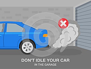 Do not idle your car in the garage. Close-up of blue car in garage with closed gate.