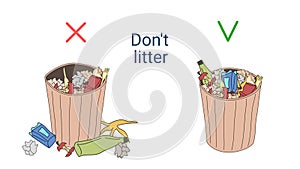 Do not litter. Throw trash in the rubbish bin. Rubbish bin with garbage inside, rubbish bin with garbage all around