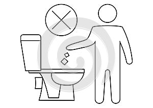 Do not litter in the toilet. Keeping the clean, sign. The silhouette of a man, throw garbage in a toilet. Forbidden icon. No
