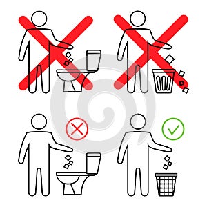 Do not litter in the toilet. Toilet no trash. Keeping the clean. Man littering in toilet. Forbidden icon. Throwing garbage in a