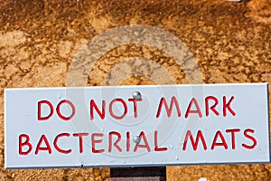 Do Not Mark Bacterial Mats sign in Yellowstone National Park reminds tourists not to deface the environment. Background orange