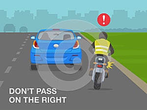 Do not pass from the right warning design. Motorcycle rider is trying to overtake the car from the right side. photo