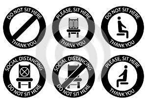 Do not sit here. Forbidden icons for seat. Safe social distancing when sitting in a public chair. Glyph icons. Lockdown rule. Keep