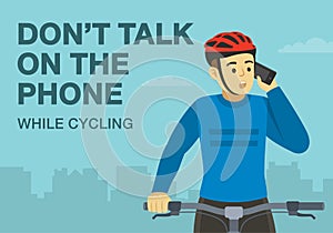 Do not talk on the phone while cycling. Close-up front view of a cyclist calling phone while bicycle riding.