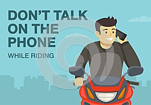 Do not talk on the phone while riding. Close-up front view of a moto rider calling phone on traffic flow.