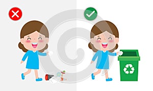 Do not throw littering butts on the floor,wrong and right, female character that tells you the correct behavior to recycle.vector