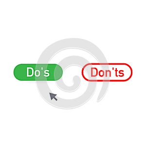 Do`s or Don`ts click glyph icon. Accept and decline buttons. Hand pressing button. Vector illustration.