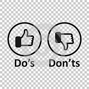 Do`s and don`ts sign icon in transparent style. Like, unlike vector illustration on isolated background. Yes, no business concep