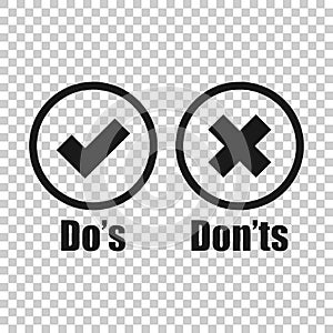 Do`s and don`ts sign icon in transparent style. Like, unlike vector illustration on isolated background. Yes, no business concep