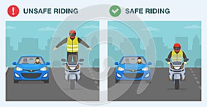 Do`s and dont`s. Safe and unsafe motorcycle riding on road. Safety driving rules and tips. Biker standing on a motorcycle.