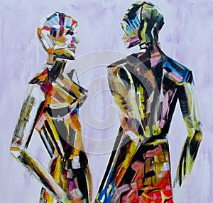 Do you come here often, Painting of mannequin,robotic style models interacting.