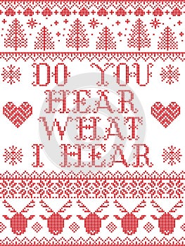 Do You Hear what I Hear Carol lyrics Christmas pattern with Scandinavian Nordic festive winter pattern in cross stitch with hearts