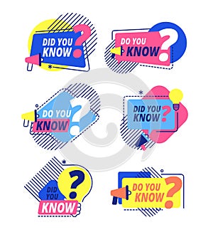 Do you know. Questions templates, did you know banners. Interesting post, abstract business isolated labels. Vector