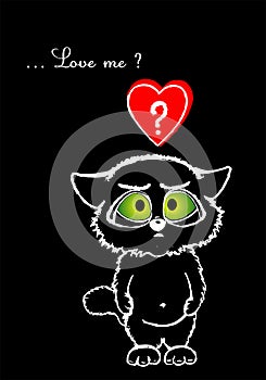 Do you Love Me? An illustration with a cute cat on black background, valentine card.