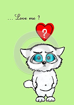 Do you Love Me? An illustration with a cute white cat, valentine card.