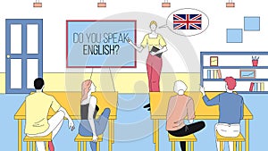Do You Speak English Concept Cartoon Illustration. Linear Vector Composition With Outline Of Speaking Club With Teacher
