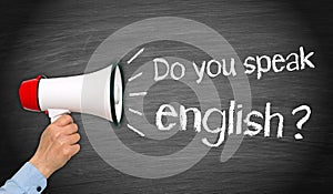 Do you speak english - megaphone with hand and text