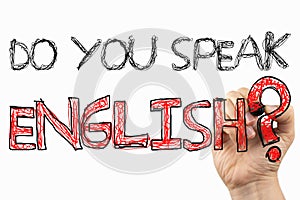 Do you speak English? Phrase on a whiteboard, written with black and red marker in a hand. Scribble sketch text