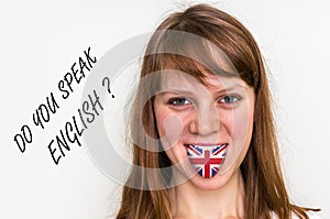 Do you speak English? Woman with flag on the tongue