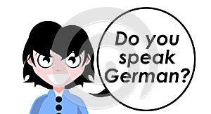 Do you speak German?, question, girl, english, isolated.