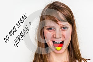 Do you speak German? Woman with flag on the tongue