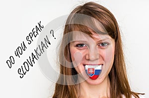 Do you speak Slovakian? Woman with flag on the tongue