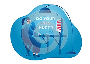 Do your eyes hurt. A woman sits at a table, rubs her eyes, works at a computer monitor. Her eyes hurt and watery. Vector