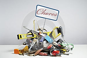 Do it yourself tools in pile on white background