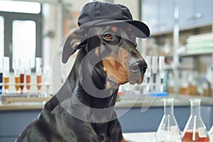 doberman with a cap, sitting in a lab with beakers