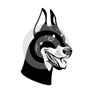 Doberman, dog, black and white vector illustration. Portrait. The head of a domestic animal. Tattoo. Clipart, laser