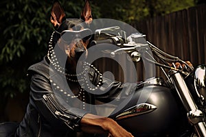 A Doberman dog in a leather jacket and black glasses sits on a bike and looks at the camera