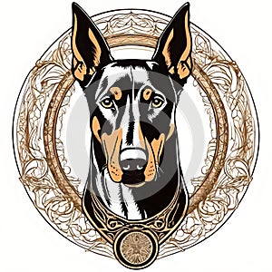 a doberman dog on an ornamental pattern circle, in a decorative frame