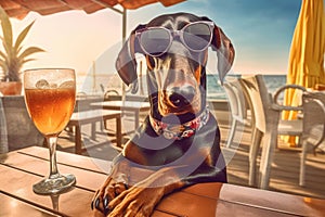 Doberman dog is relaxing on the beach with a cocktail. The concept of summer tourism. Generative AI