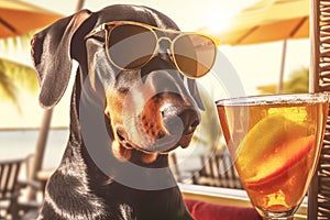 Doberman dog is relaxing on the beach with a cocktail. A seaside holiday concept with animals. Generative AI