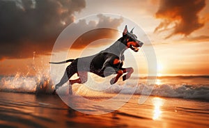 Doberman, Dog Running on Beach at Sunset