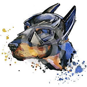 Doberman dog T-shirt graphics. Doberman dog illustration with splash watercolor textured background.