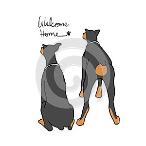 Doberman dog waiting owner to say welcome home cartoon