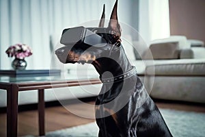 Doberman dog wearing virtual reality headset. Generative AI