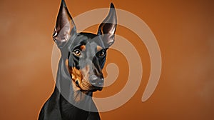 Doberman Pinscher dog portrait close up. Doberman Pinscher dog. Horizontal banner poster background. Copy space. Photo texture AI