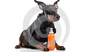 Doberman Pinscher Dog In A Tracksuit Holding A Sports Water Bottle On White Background. Generative AI