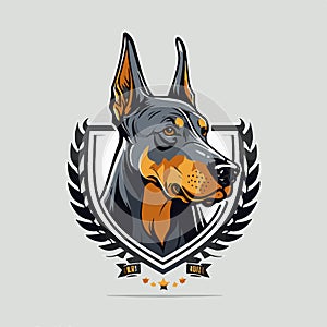 Doberman Pinscher logo in classic engraving style. Vector emblem