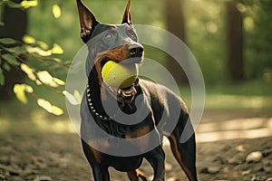 doberman pinscher playing fetch with tennis ball in park