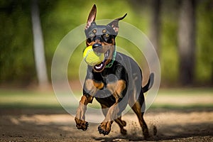 doberman pinscher playing fetch with tennis ball in park