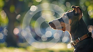 A Doberman Pinscher waits patiently for her handlers next command ready to spring into action and search for explosives photo