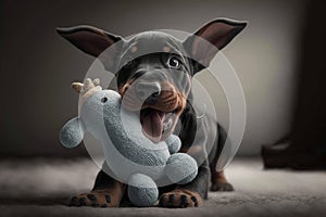 doberman puppy playing with squeaky toy