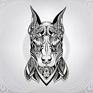 Doberman`s face in a floral ornament. vector illustration