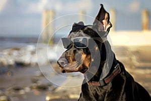 doberman in sleek sunglasses on a seaside jog